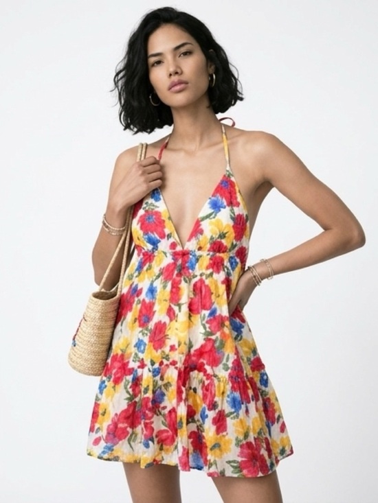 inmod Dresses & Skirts - Inmod Festival Dress | Floral Halter Mini Dress - Red, Yellow & Blue 🌸💐🪻